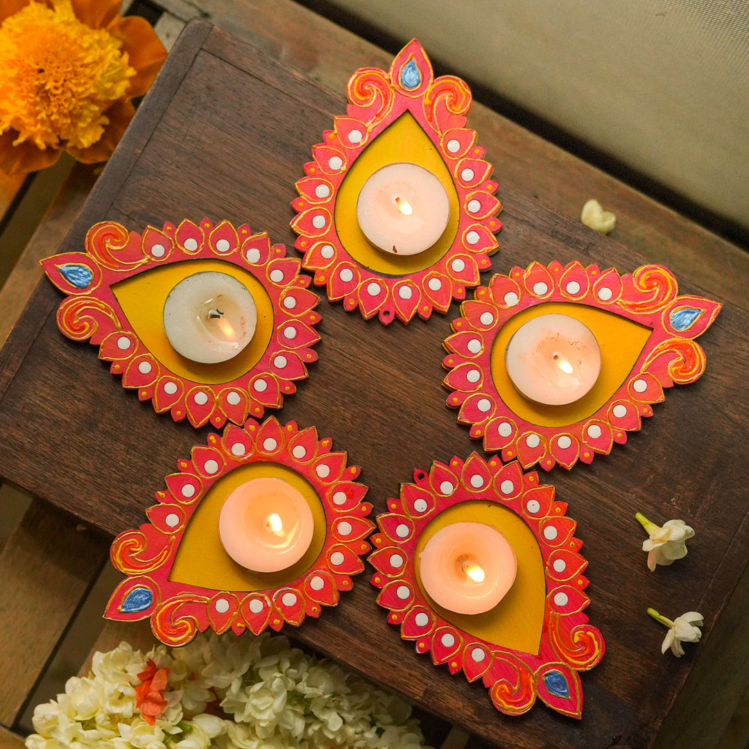 Hand-Painted Decorative Red & Yellow Tealight Holders | Set Of 5