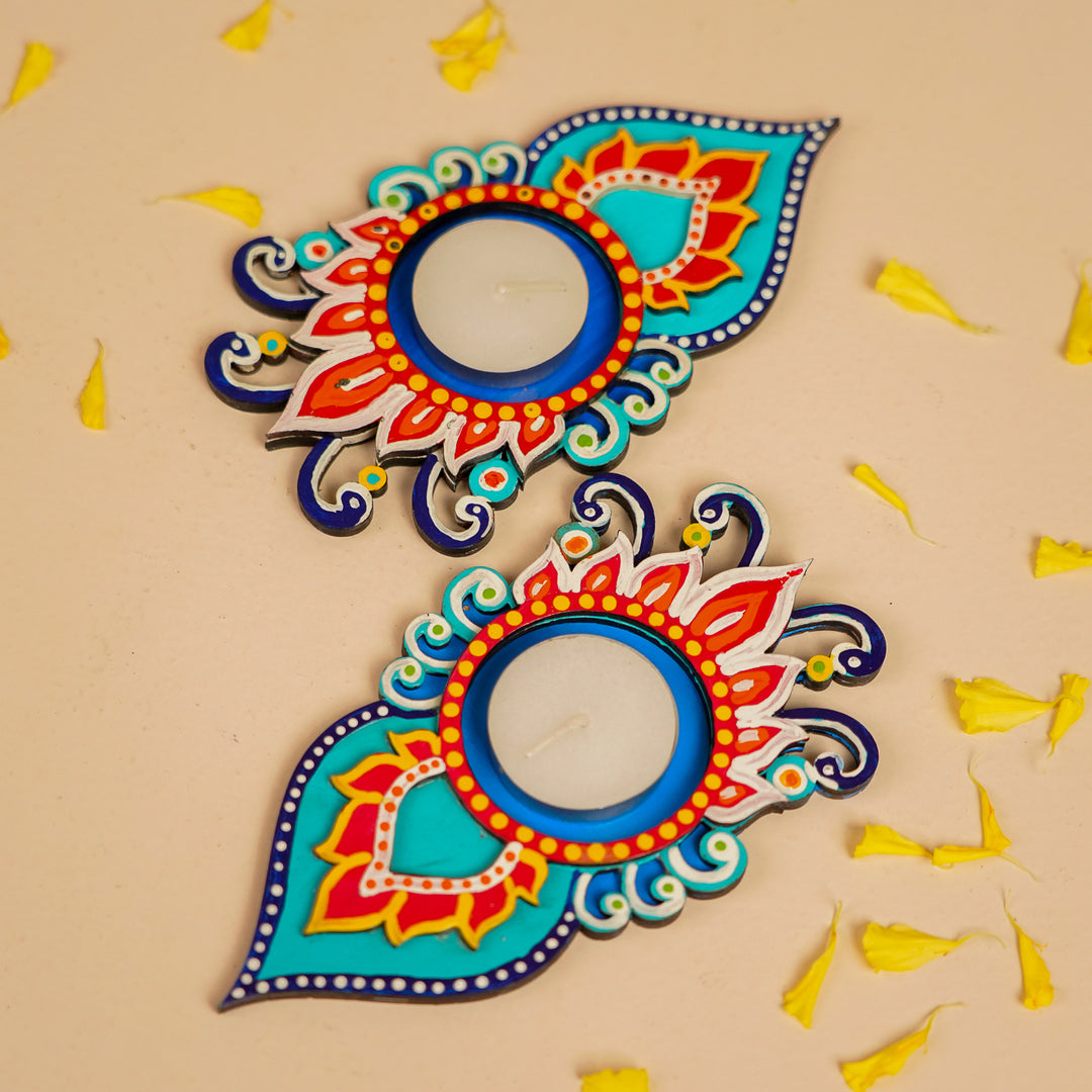 Hand-Painted Jalaj MDF Wood Tealight Holder | Set Of 2