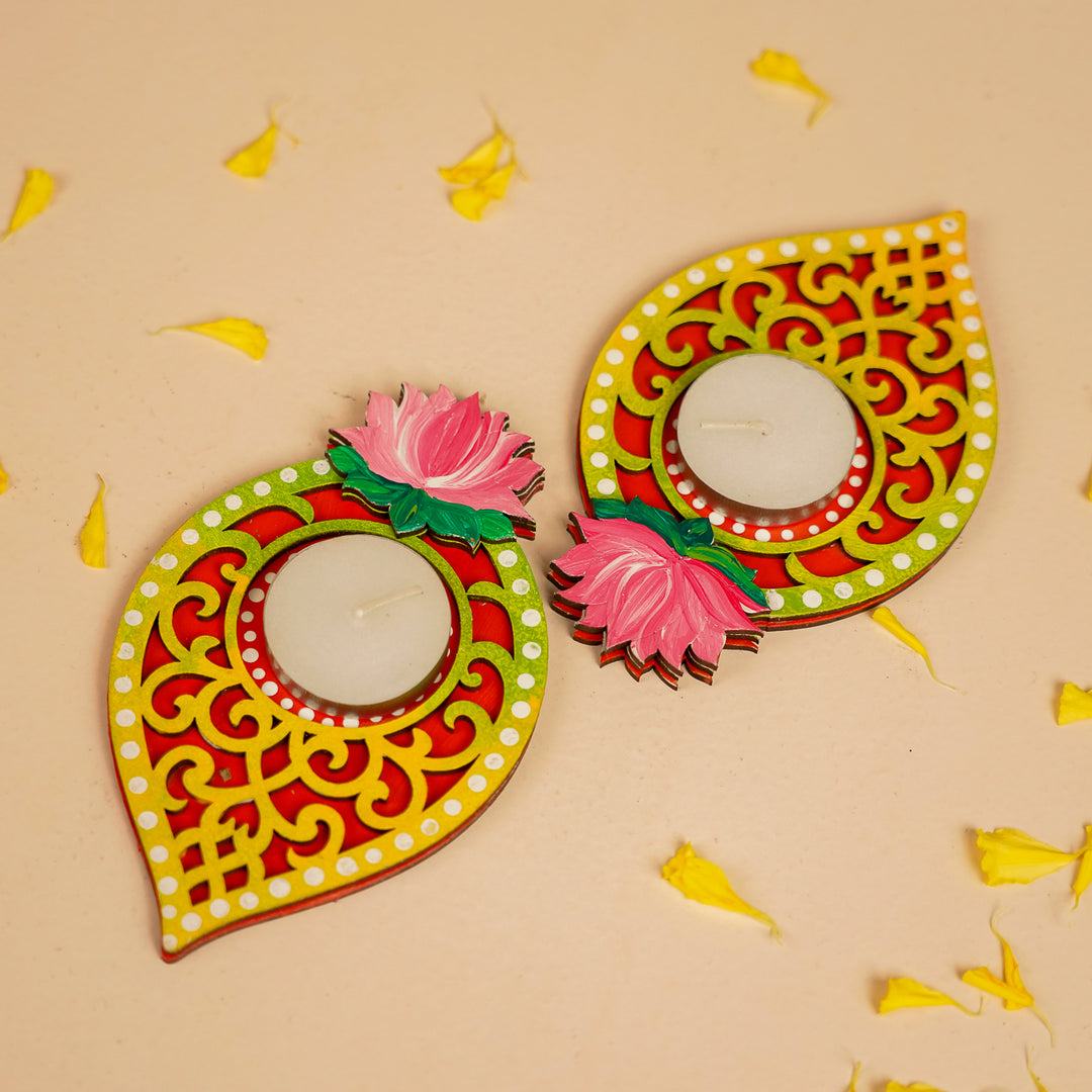 Hand-Painted Devashita Lotus MDF Wood Tealight Holder | Set Of 2