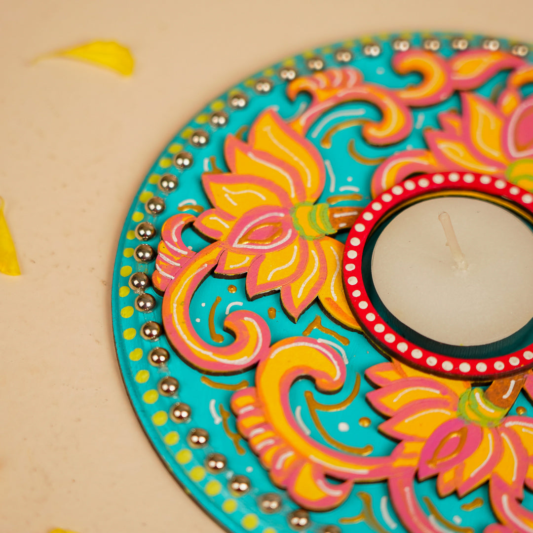 Hand-Painted Round Decorative Lotus MDF Wood Tealight Holder