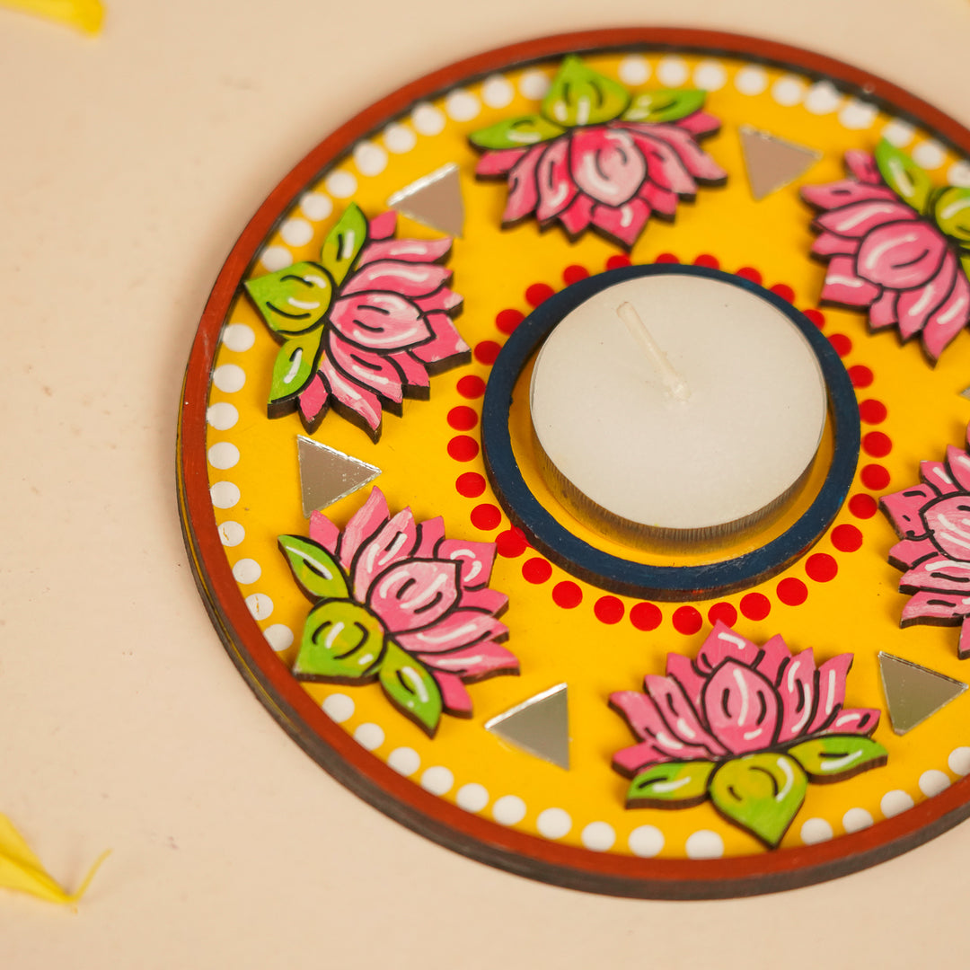 Hand-Painted Mirror Work Round Lotus MDF Wood Tealight Holder