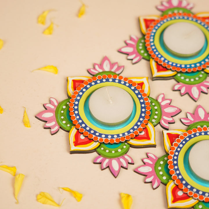 Hand-Painted Decorative Lotus MDF Wood Tealight Holder
