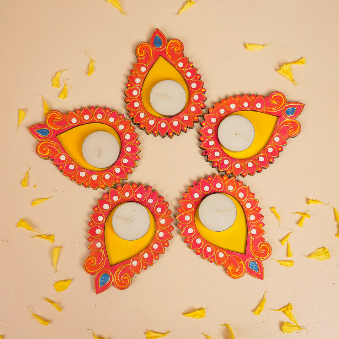 Hand-Painted Decorative Red & Yellow Tealight Holders | Set Of 5