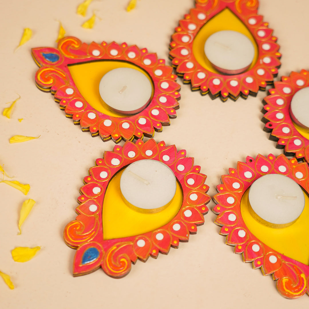 Hand-Painted Decorative Red & Yellow Tealight Holders | Set Of 5