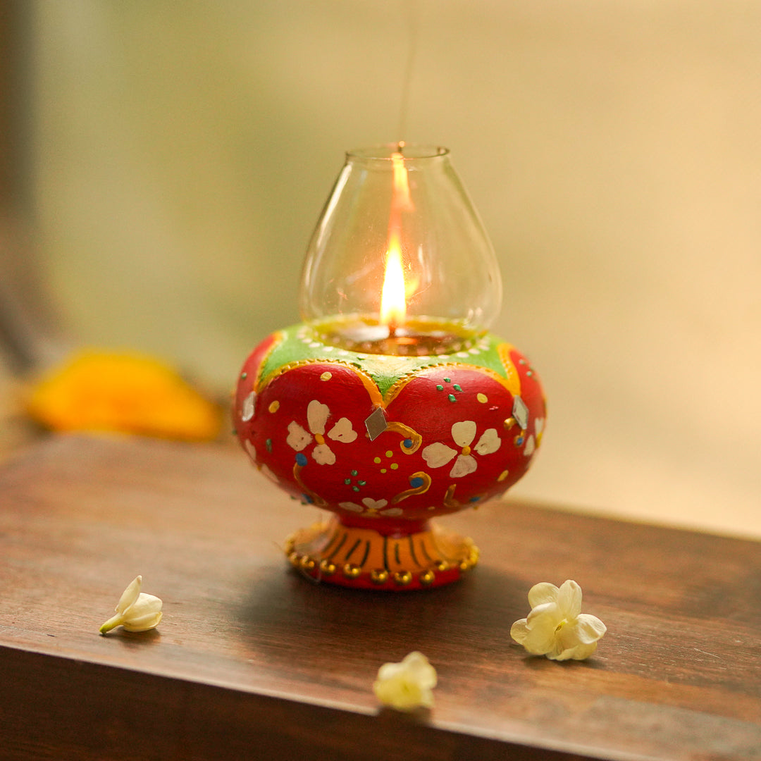 Hand-Painted Decorative Floral Terracotta Oil Lamp / Diya