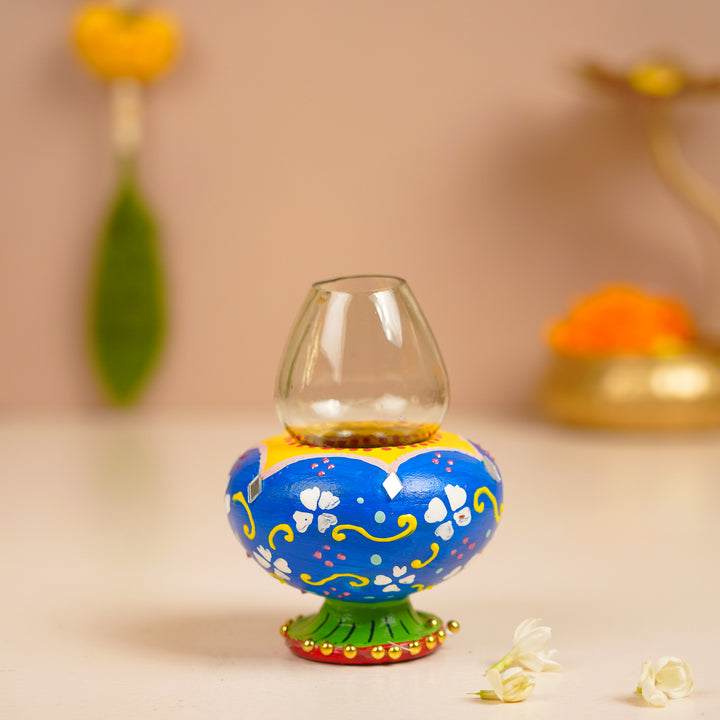 Hand-Painted Decorative Floral Terracotta Oil Lamp / Diya