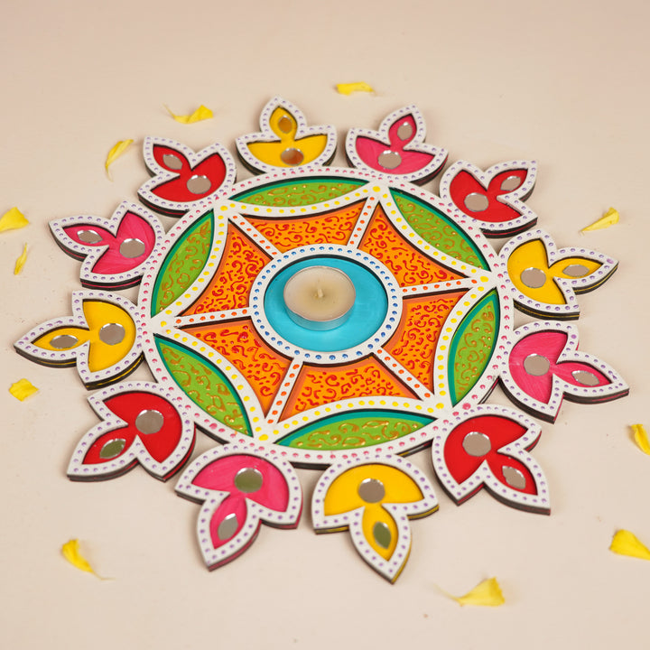 Hand-Painted Mirror Work Multicolor Diya Rangoli