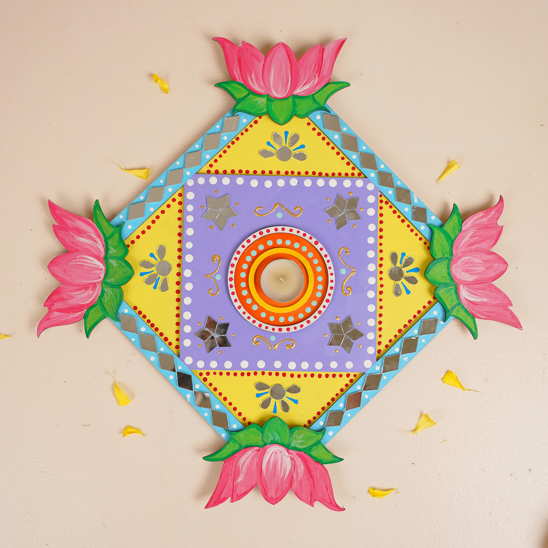 Hand-Painted Mirror Work Decorative Lotus Rangoli