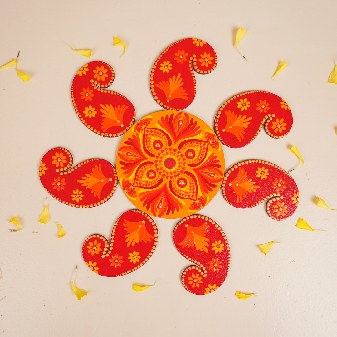 Hand-Painted Dot Mandala Floral MDF Wood Rangoli | Set Of 8
