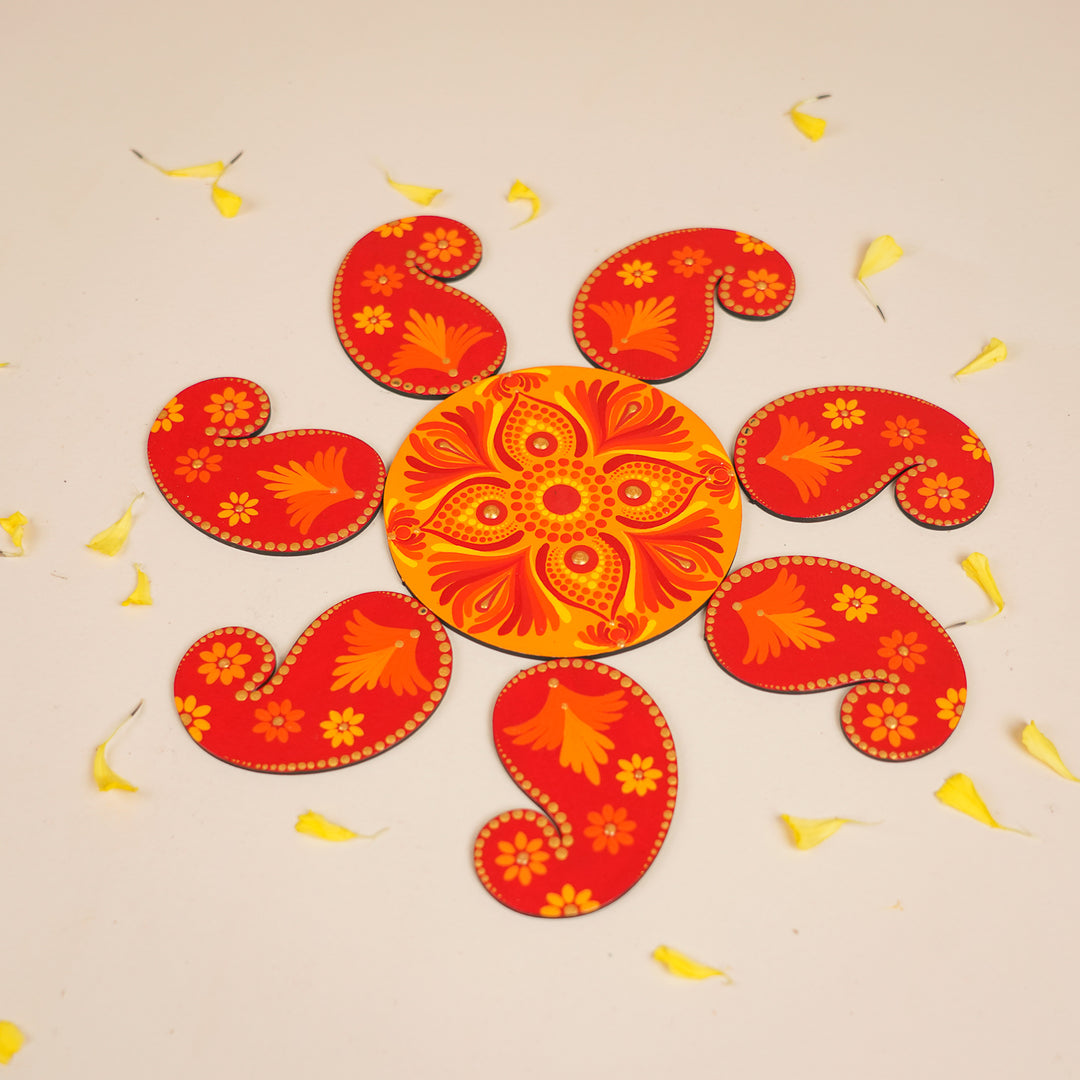 Hand-Painted Dot Mandala Floral MDF Wood Rangoli | Set Of 8