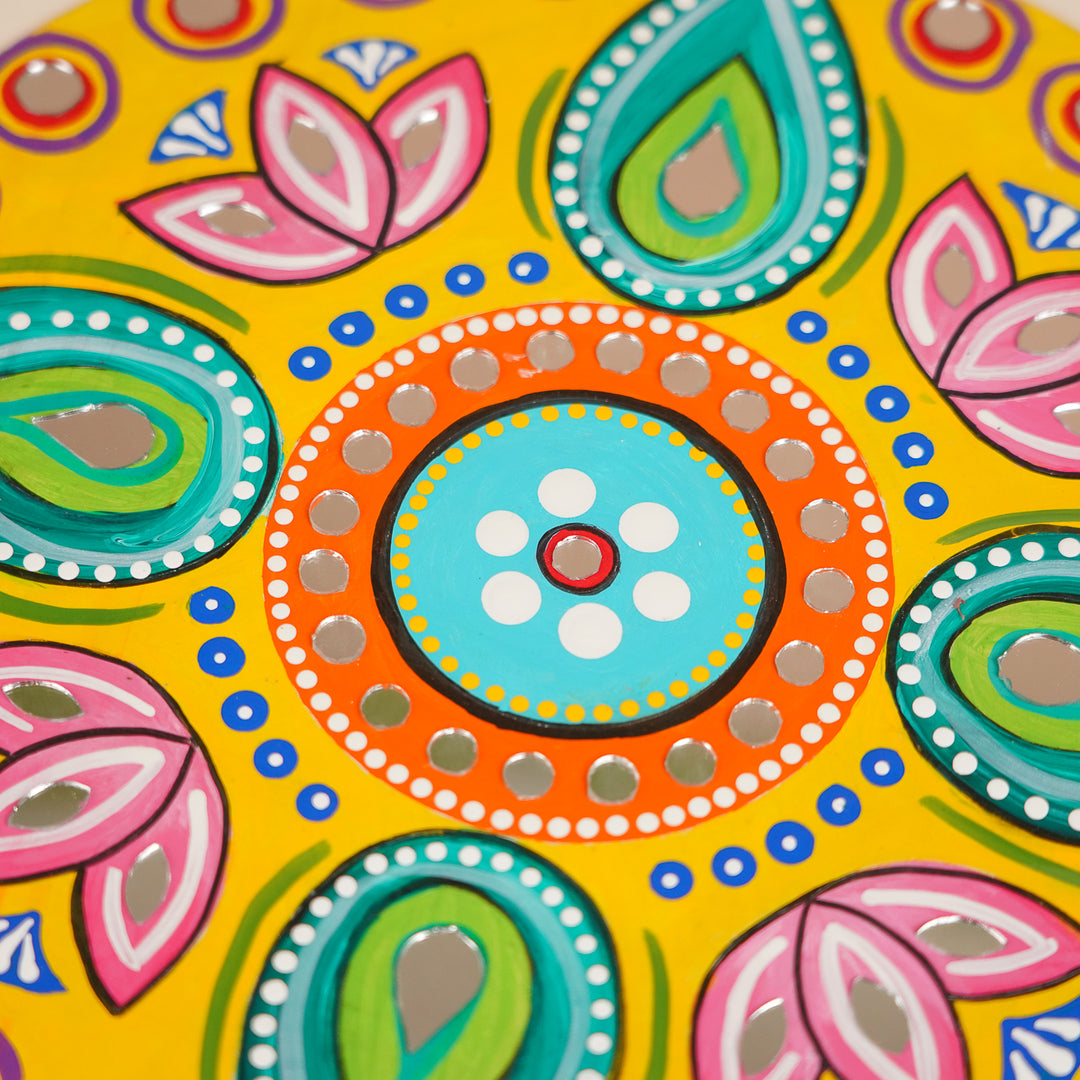 Hand-Painted Mirror Work Round Floral MDF Wood Rangoli | Set Of 5