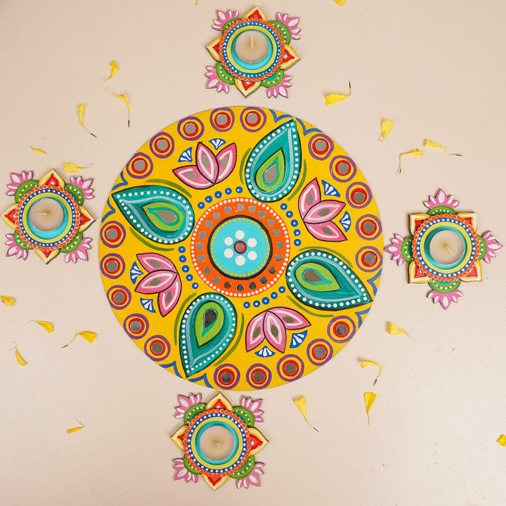 Hand-Painted Mirror Work Round Floral MDF Wood Rangoli | Set Of 5