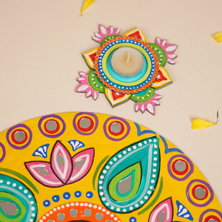 Hand-Painted Mirror Work Round Floral MDF Wood Rangoli | Set Of 5