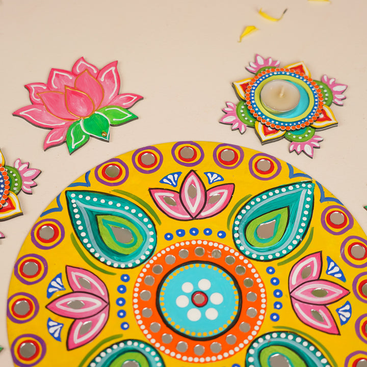 Hand-Painted Mirror Work Round Floral MDF Wood Rangoli | Set Of 9