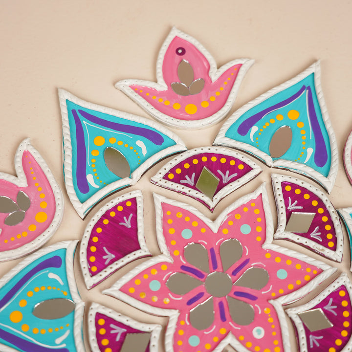Hand-Painted Mirror Work Blue & Pink Floral Rangoli | Set Of 19