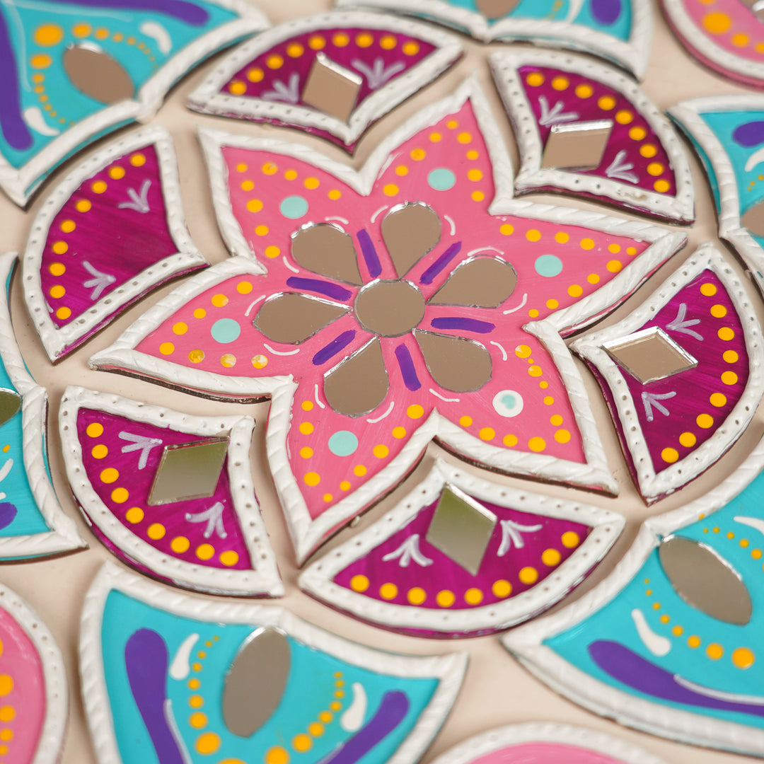 Hand-Painted Mirror Work Blue & Pink Floral Rangoli | Set Of 19