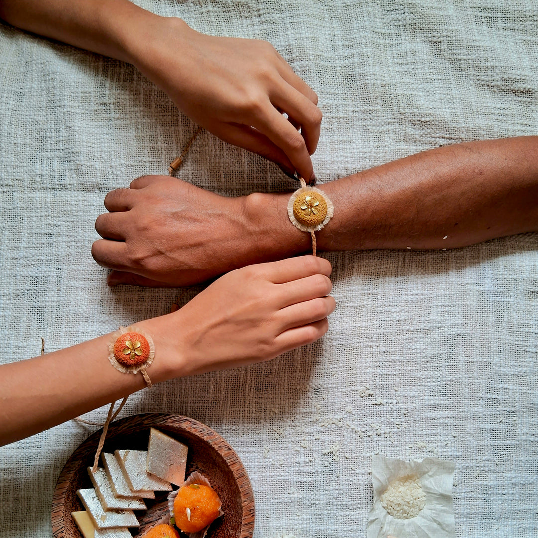 Handmade Papier Mache Rustic Floral Rakhi With Roli Chawal - Raksha Bandhan wrist tying