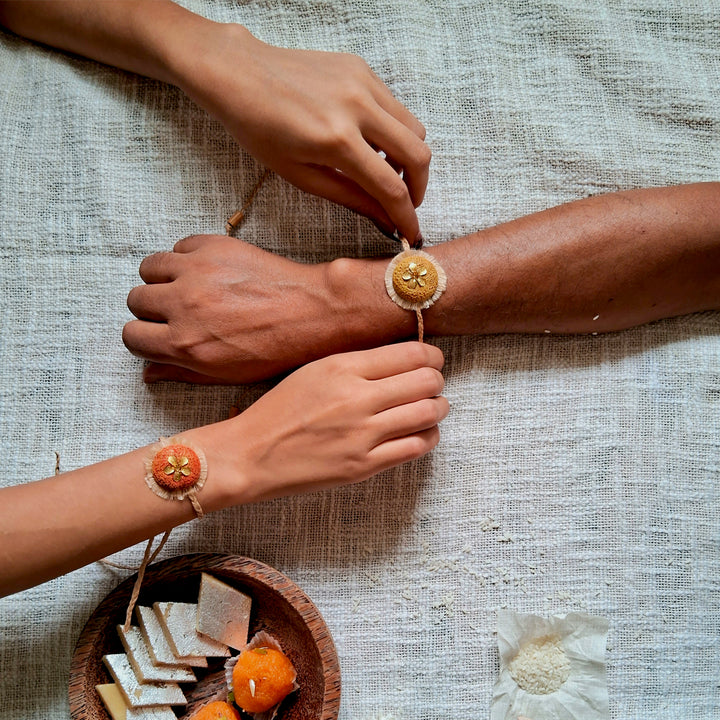 Handmade Papier Mache Rustic Floral Rakhi With Roli Chawal - Raksha Bandhan wrist tying