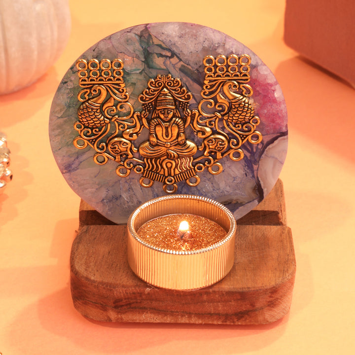 Multicolor Agate Laxmi Ji Wooden Tealight Holder