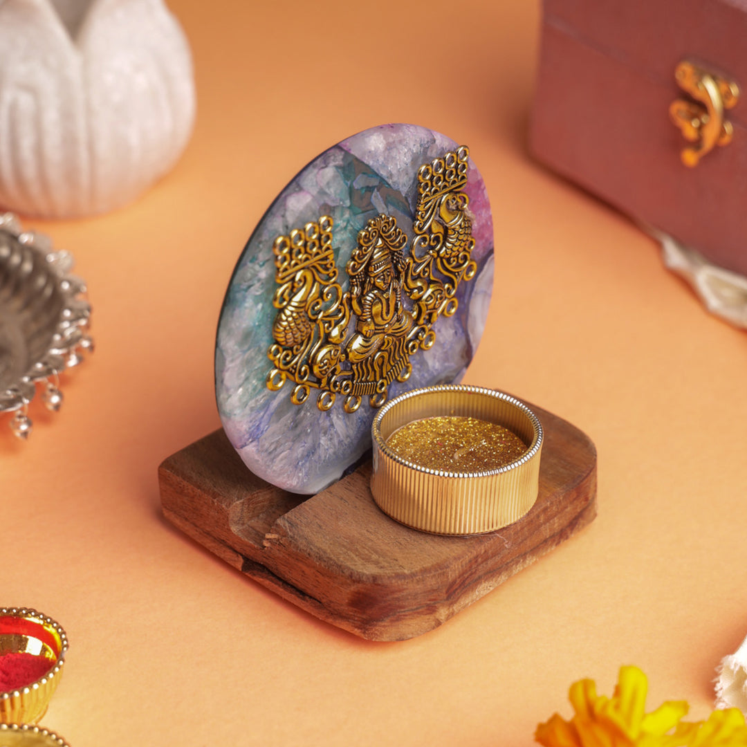 Multicolor Agate Laxmi Ji Wooden Tealight Holder