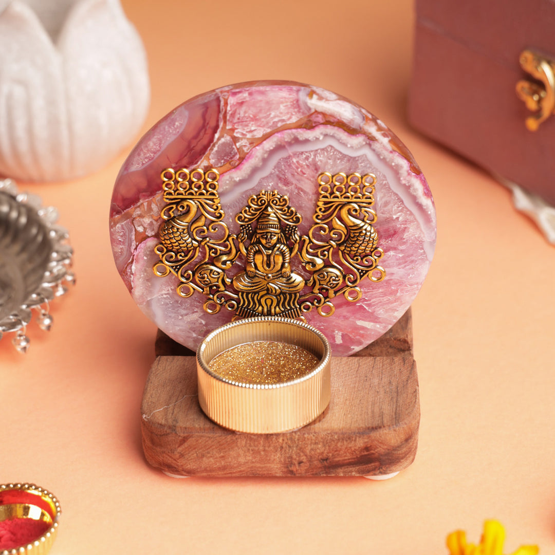 Pink Agate Laxmi Ji Wooden Tealight Holder