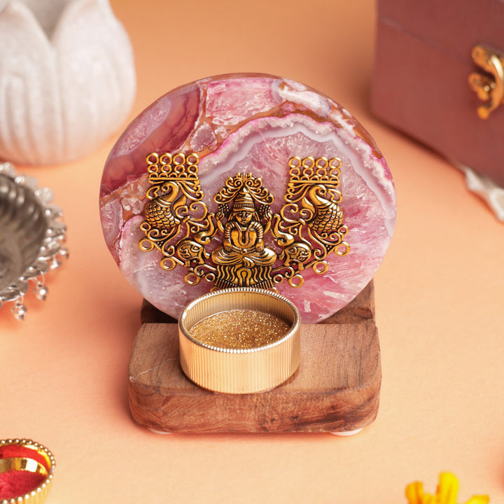 Pink Agate Laxmi Ji Wooden Tealight Holder