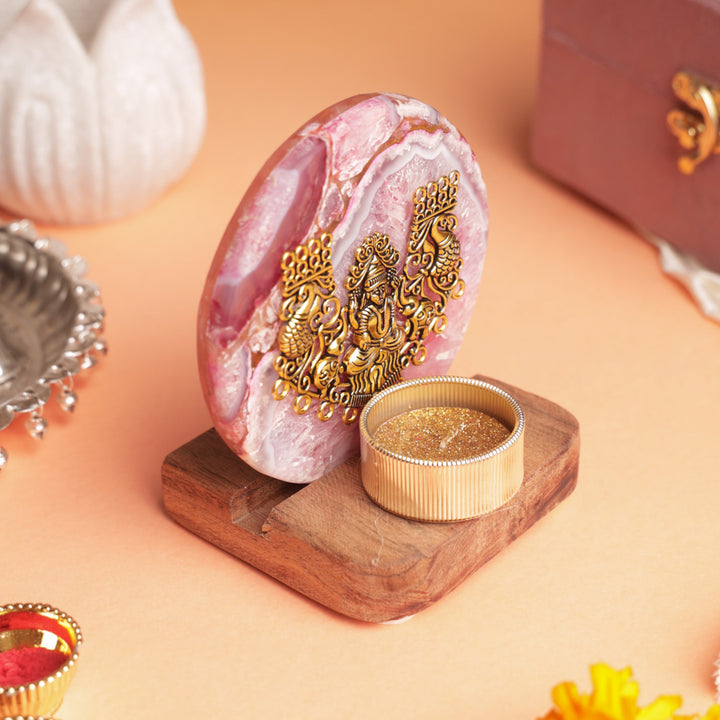 Pink Agate Laxmi Ji Wooden Tealight Holder