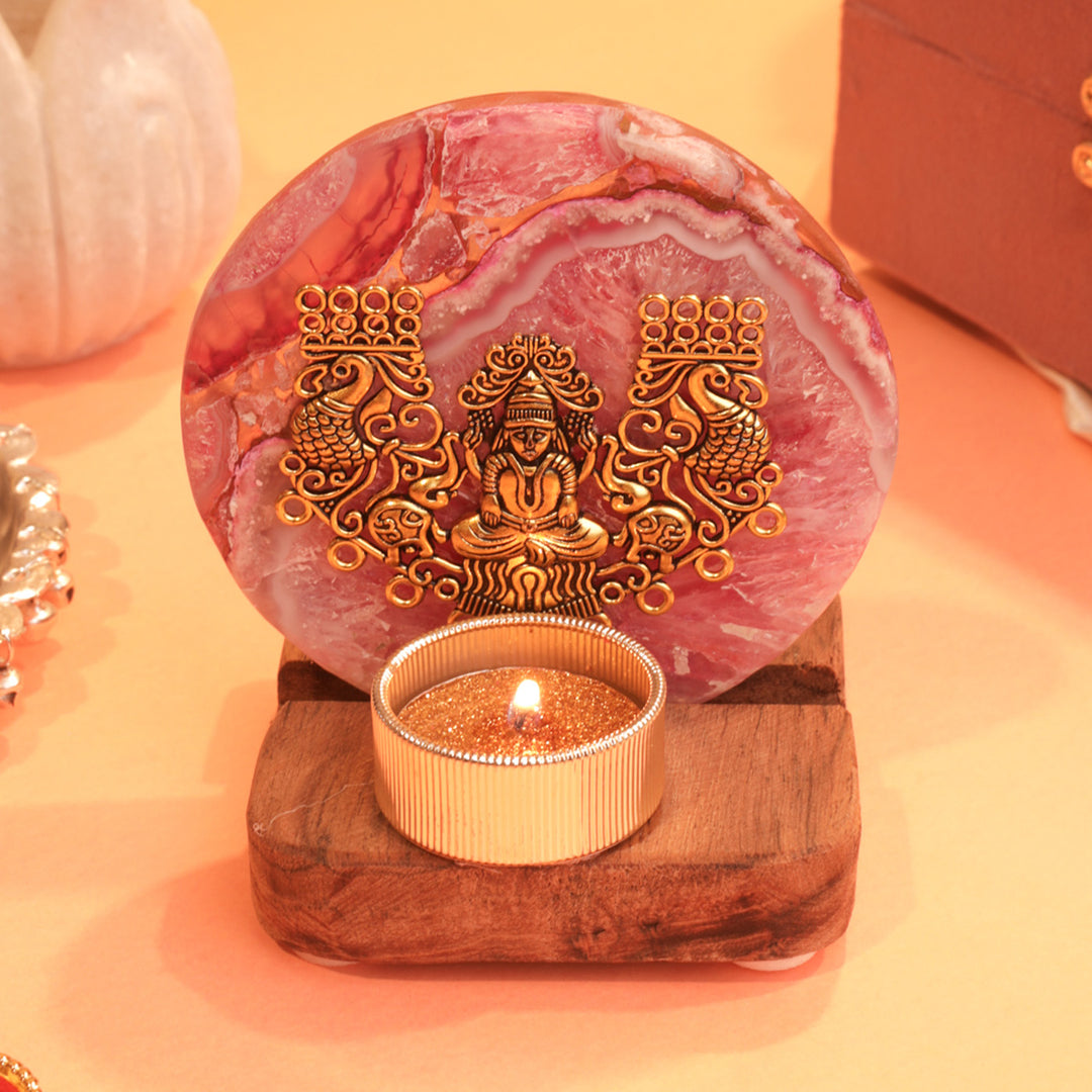 Pink Agate Laxmi Ji Wooden Tealight Holder