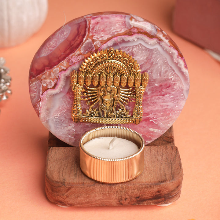 Pink Agate Narayan Wooden Tealight Holder