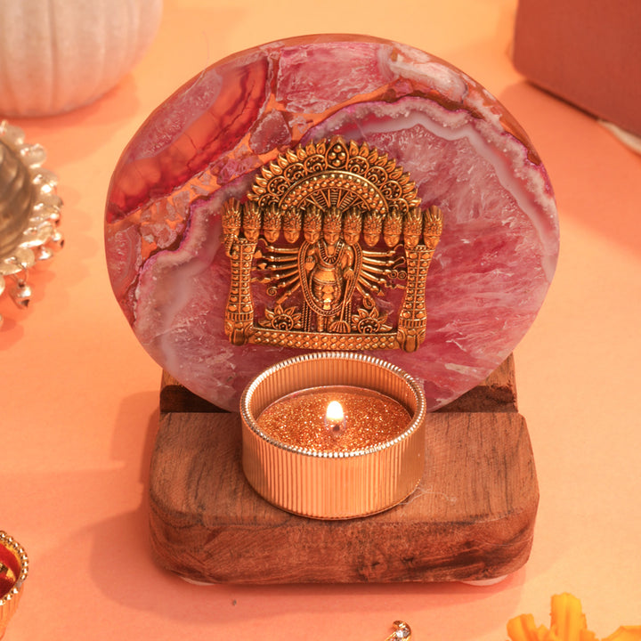 Pink Agate Narayan Wooden Tealight Holder