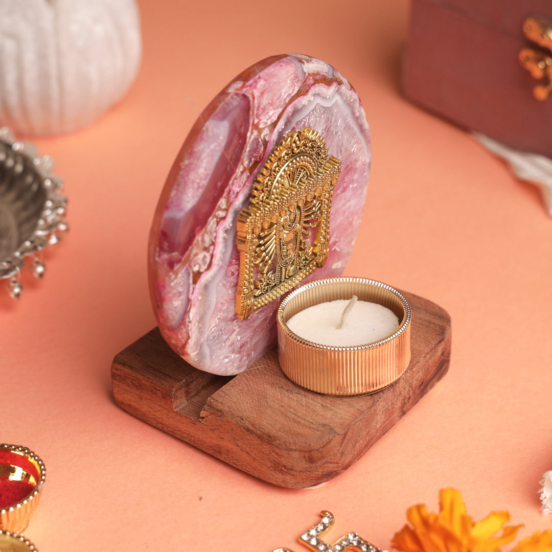 Pink Agate Narayan Wooden Tealight Holder