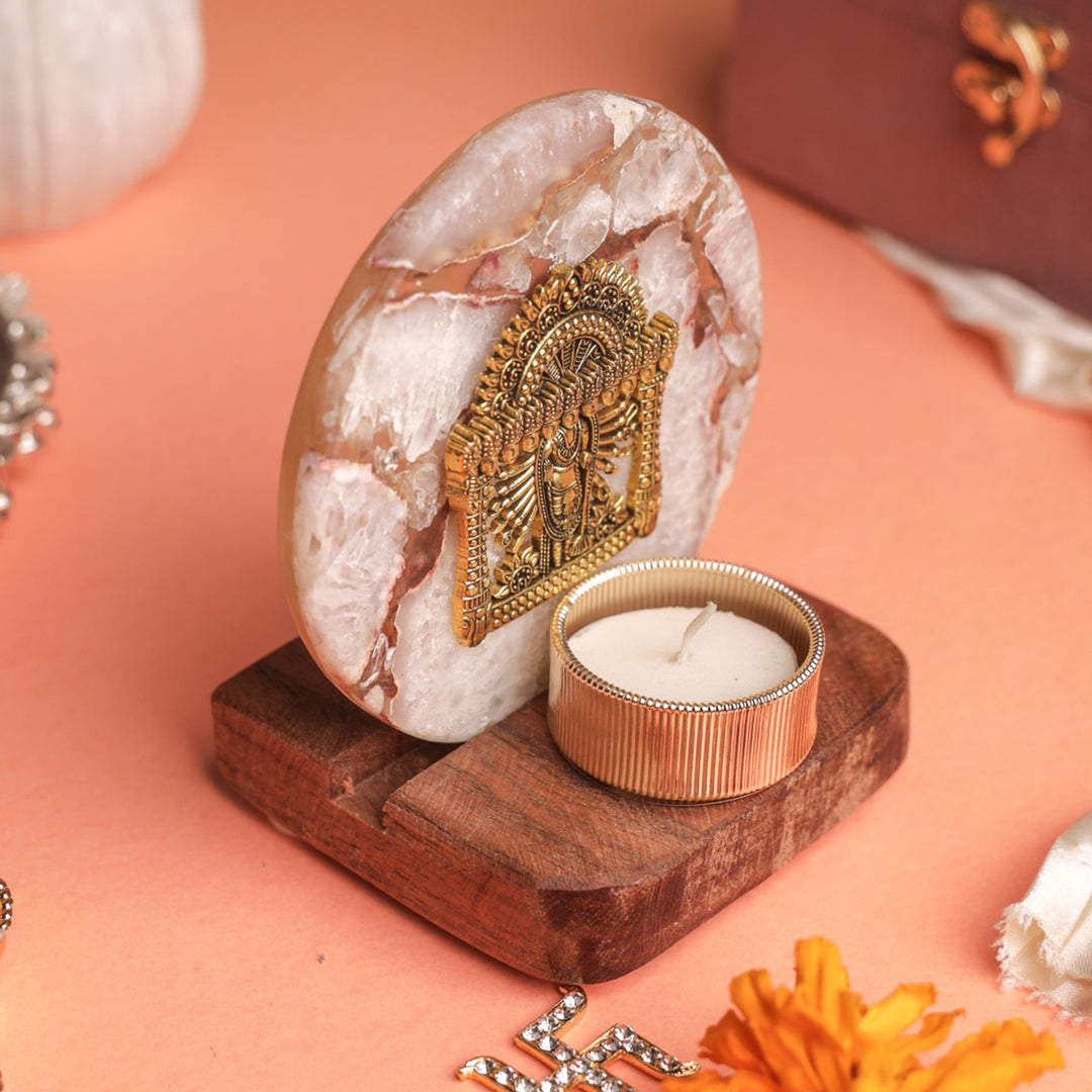 White Agate Narayan Wooden Tealight Holder