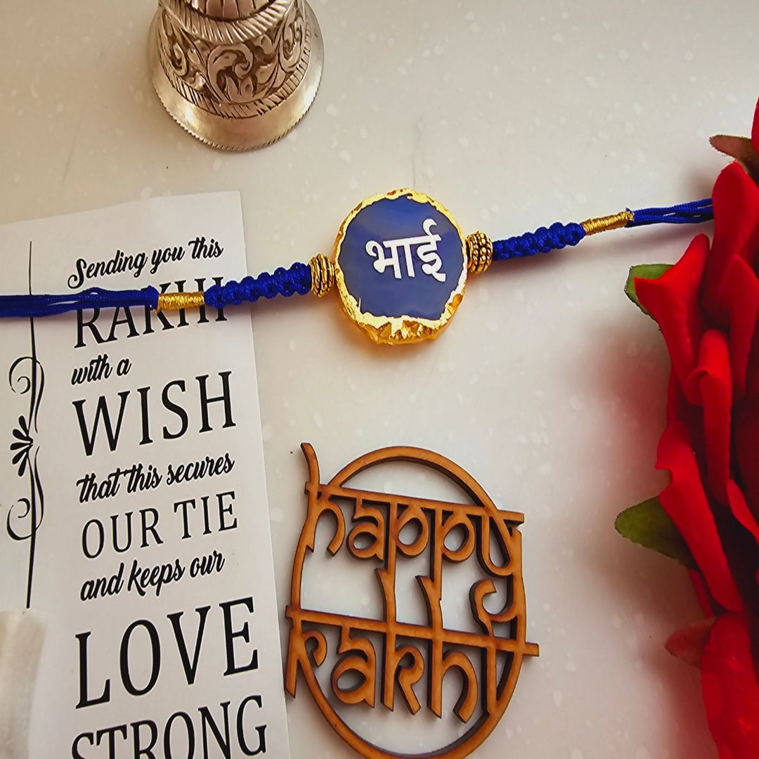 Handmade Blue Bhai Agate Rakhi With Roli Chawal For Brother - Close-up Rakhi and Wooden Message Decoration