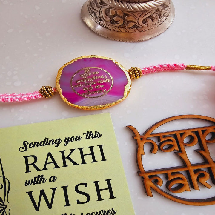 Handmade Gayatri Mantra Agate Rakhi With Roli Chawal For Brother - Pink Rakhi with Wish Card Focus