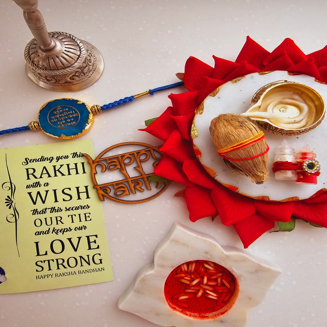 Handmade Gayatri Mantra Agate Rakhi With Roli Chawal For Brother - Complete Rakhi Set with Accessories