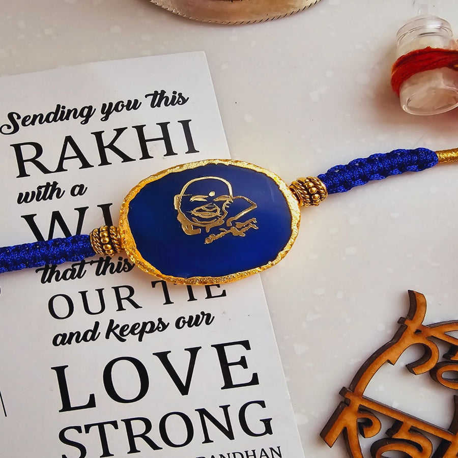 Handmade Shree Sai Baba Agate Rakhi With Roli Chawal For Brother - Close-up Front View