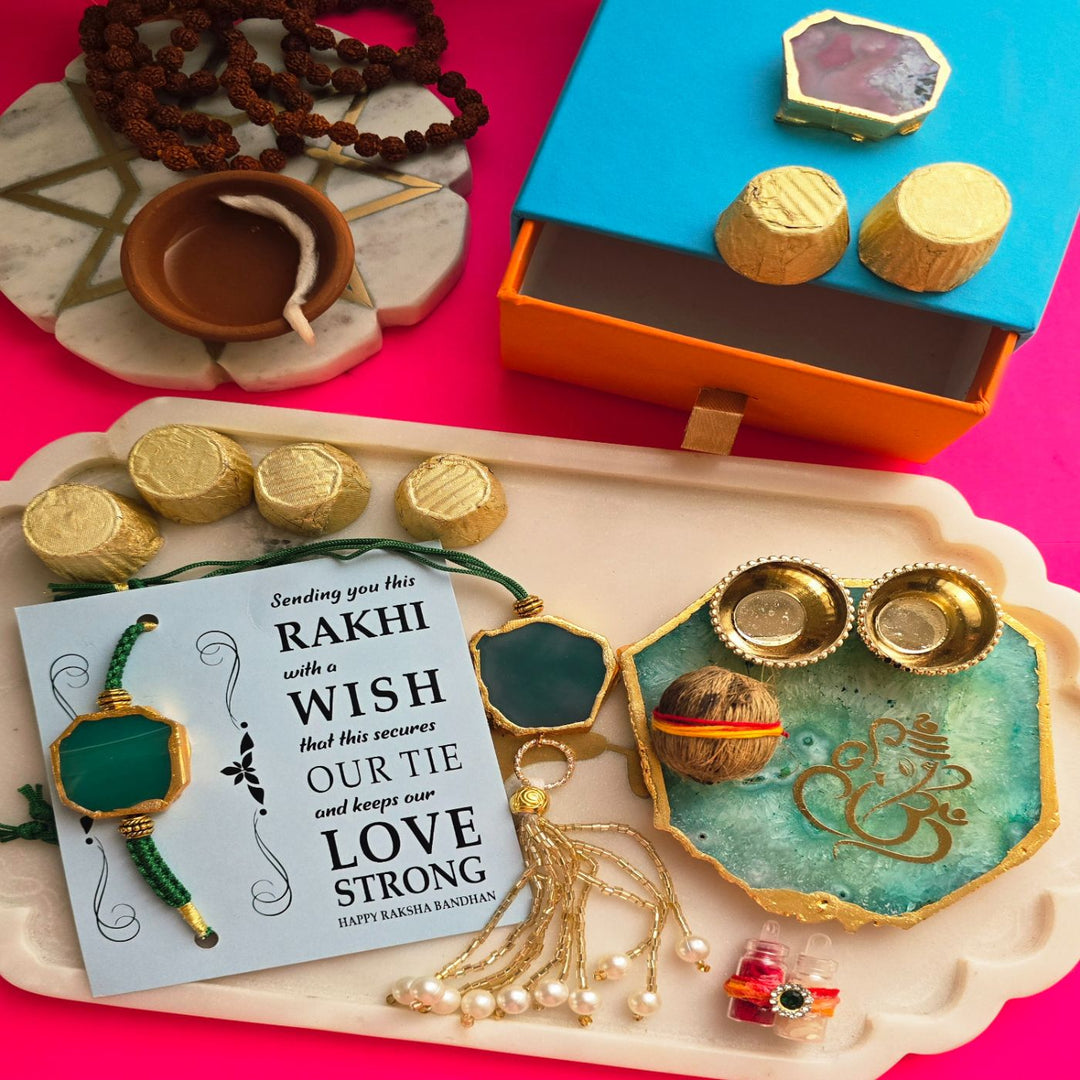 Handmade Premium Agate Bhaiya Bhabhi Rakhi With Roli Chawal - Styled with Rakhi kit and sweets