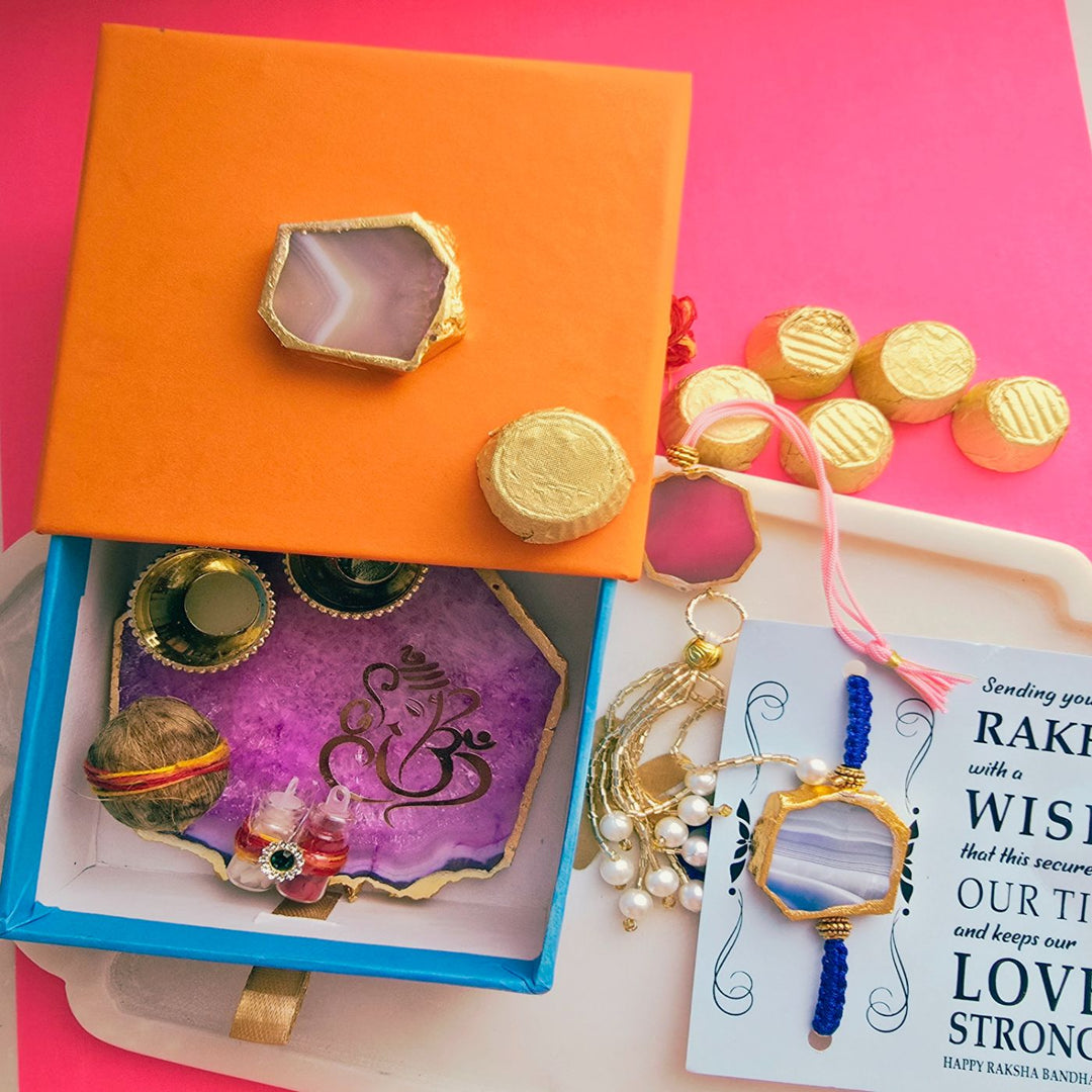 Handmade Premium Agate Bhaiya Bhabhi Rakhi With Roli Chawal - Partially opened Raksha Bandhan gift box