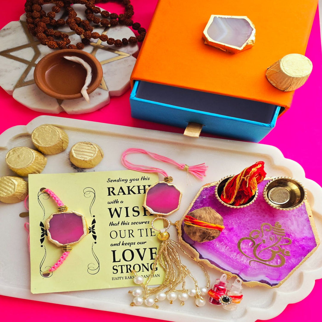 Handmade Premium Agate Bhaiya Bhabhi Rakhi With Roli Chawal - Pink Rakhi with plate and sweets