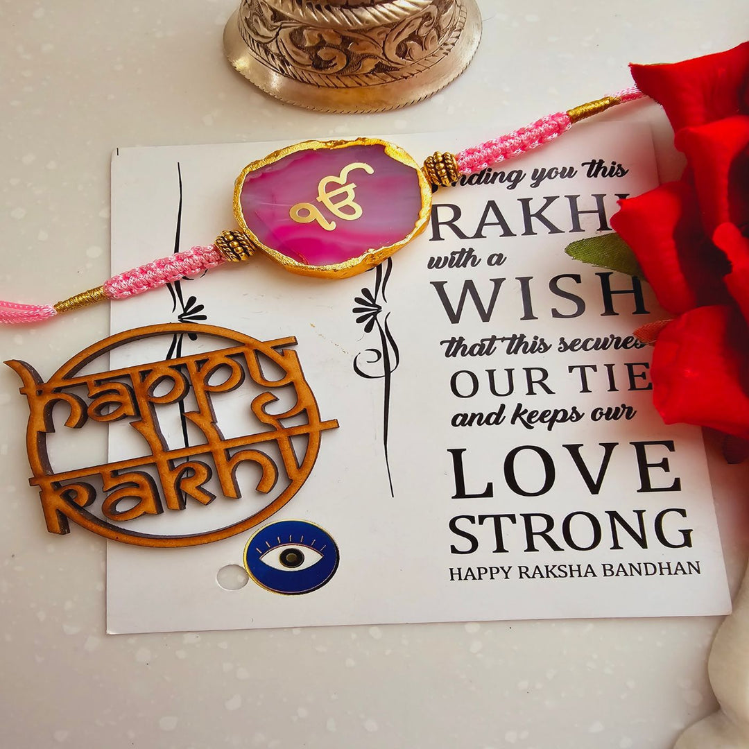 Handmade Ik Onkar Agate Rakhi With Roli Chawal For Brother - Pink Rakhi with Puja Thali