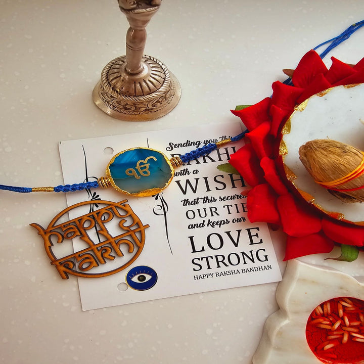 Handmade Ik Onkar Agate Rakhi With Roli Chawal For Brother - Green Rakhi with Puja Thali
