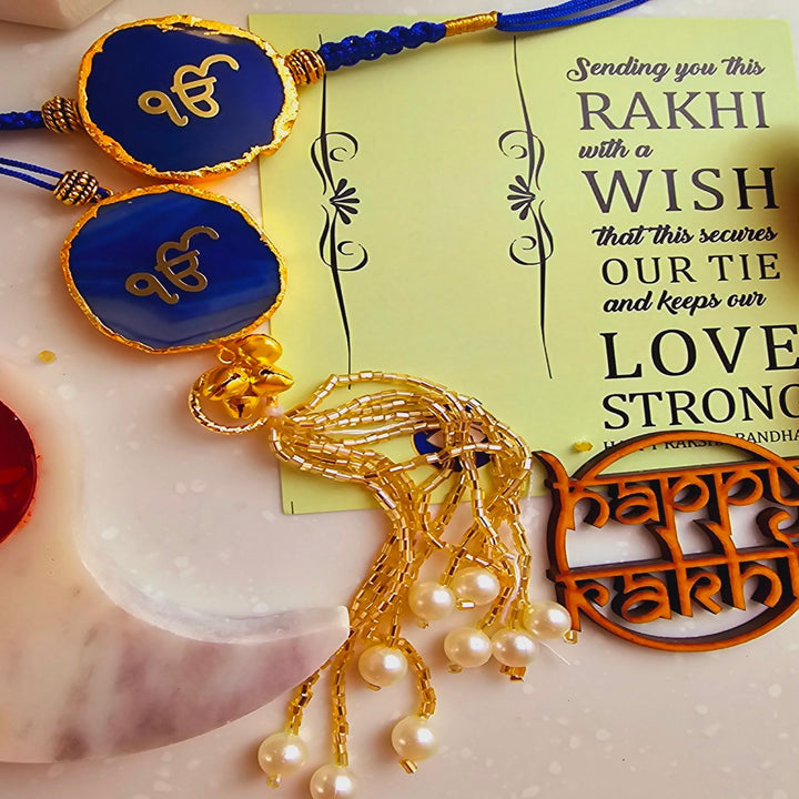 Handmade Ik Onkar Agate Bhaiya Bhabhi Rakhi With Roli Chawal - Close-up View with Message Card