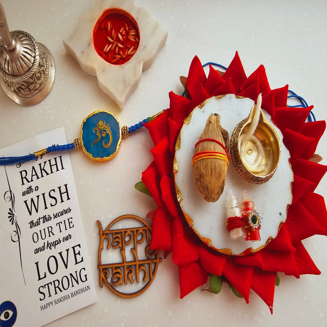 Handmade Om Agate Rakhi With Roli Chawal For Brother - Blue Rakhi with Pooja Items