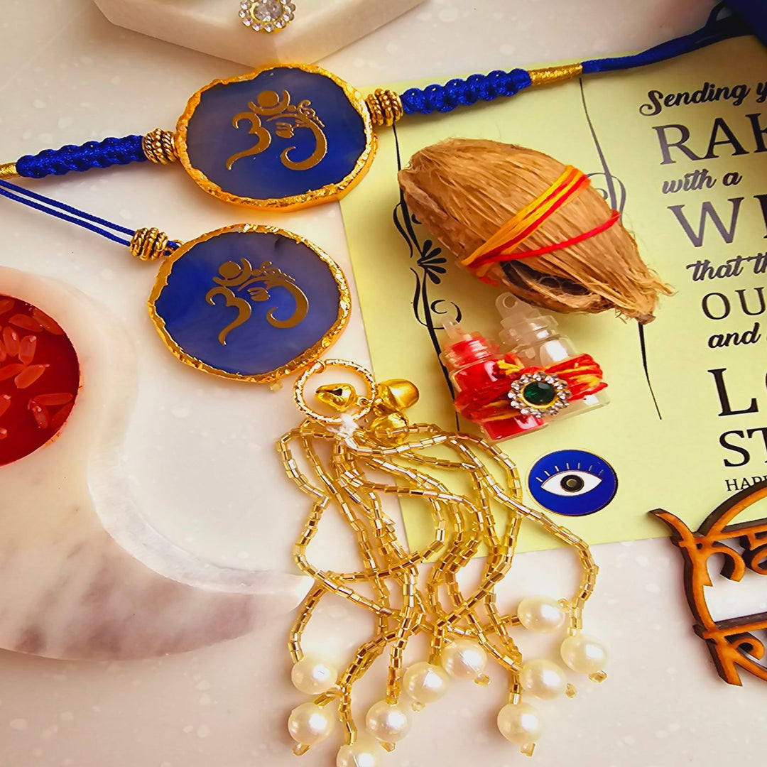 Handmade Om Agate Bhaiya Bhabhi Rakhi With Roli Chawal - Blue Rakhi Set with Accessories