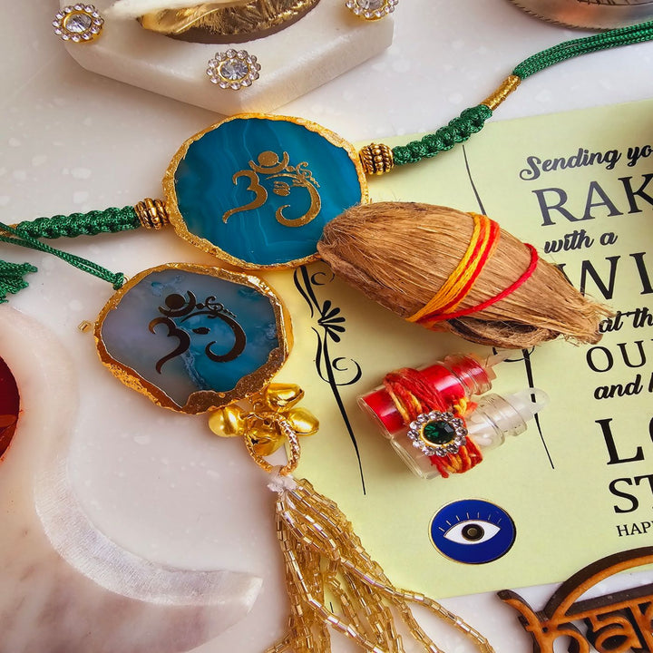 Handmade Om Agate Bhaiya Bhabhi Rakhi With Roli Chawal - Teal Rakhi Pair with Decorations