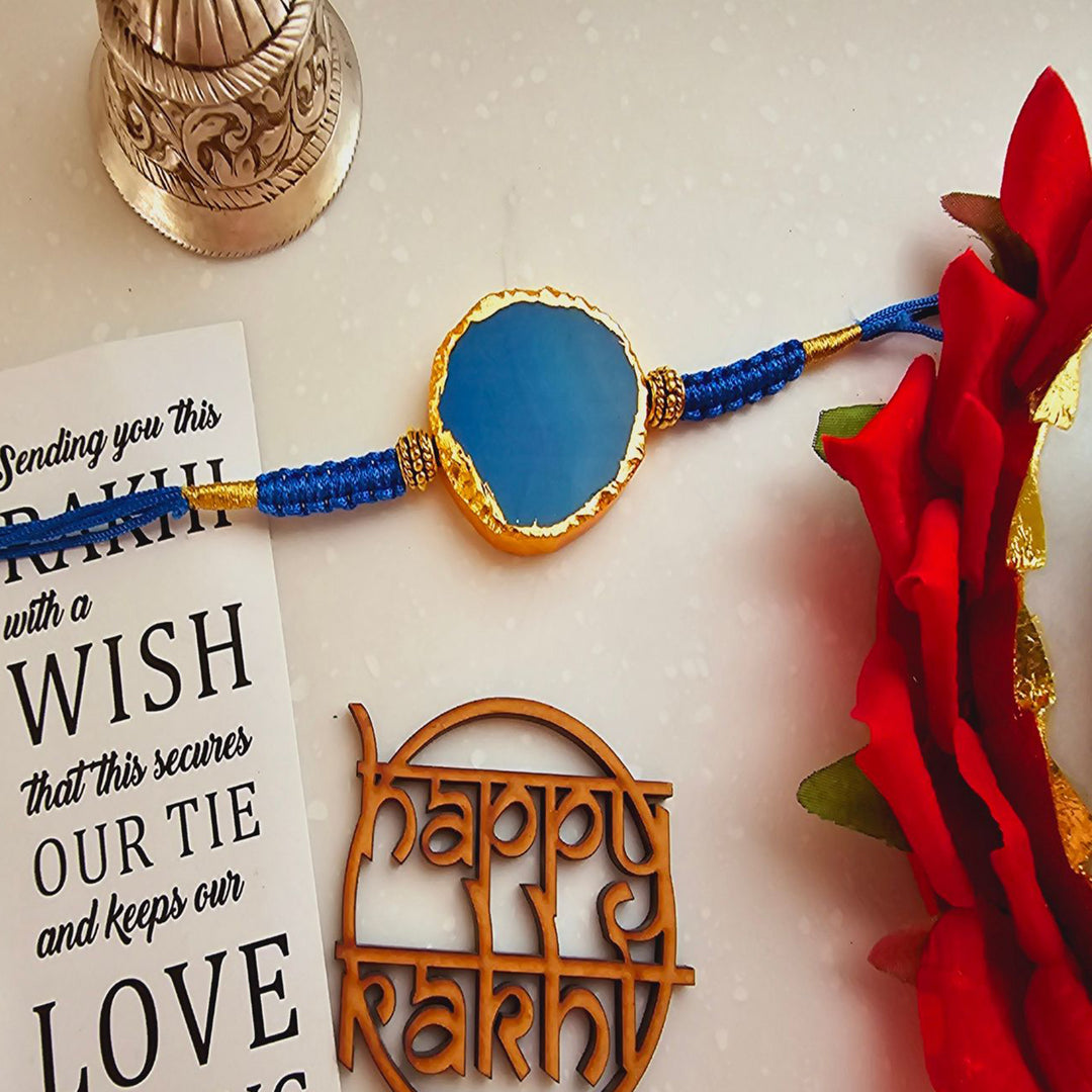 Handmade Premium Agate Rakhi With Roli Chawal For Brother - Single Blue Rakhi Close-up