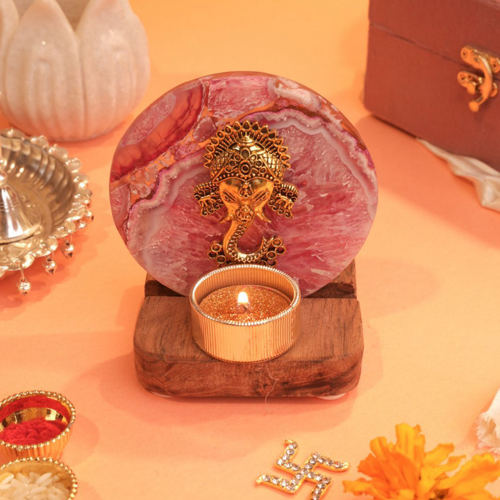 Pink Agate Ganesha Wooden Tealight Holder
