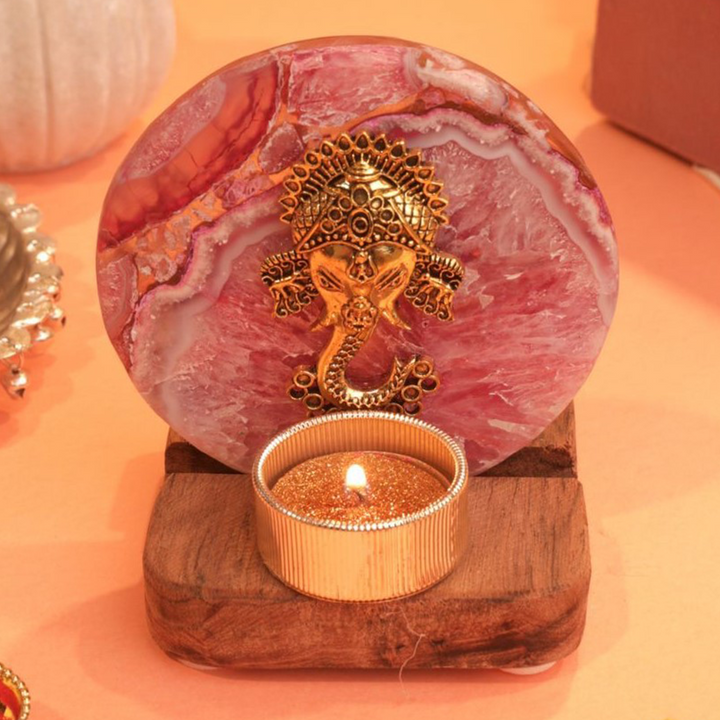 Pink Agate Ganesha Wooden Tealight Holder