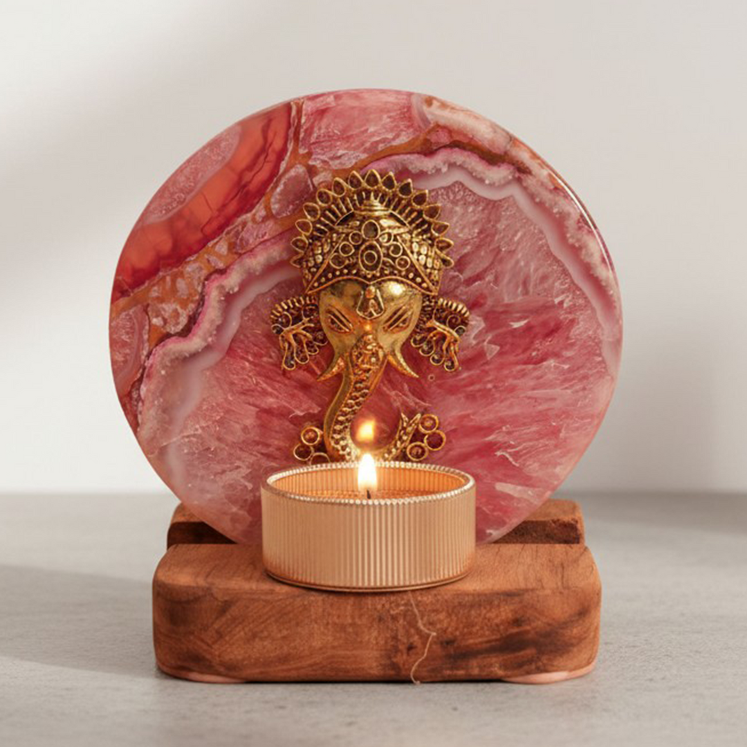 Pink Agate Ganesha Wooden Tealight Holder