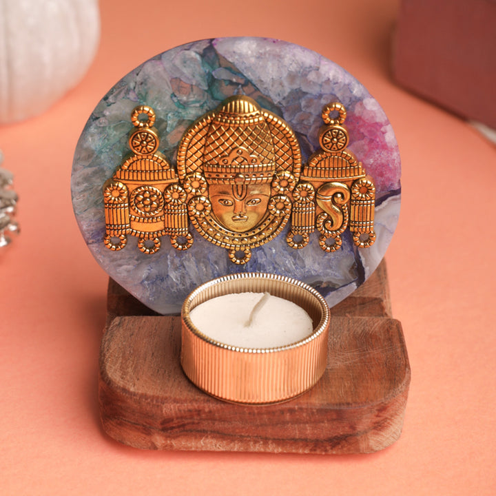 Multicolor Agate Venkateshwar Wooden Tealight Holder